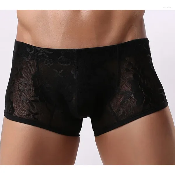 Underpants 2 Farben Männer sexy Spitze Unterwäsche mittlere Taille Höschen transparent atmungsaktive Boxer Druck Hombre Shorts M-XL