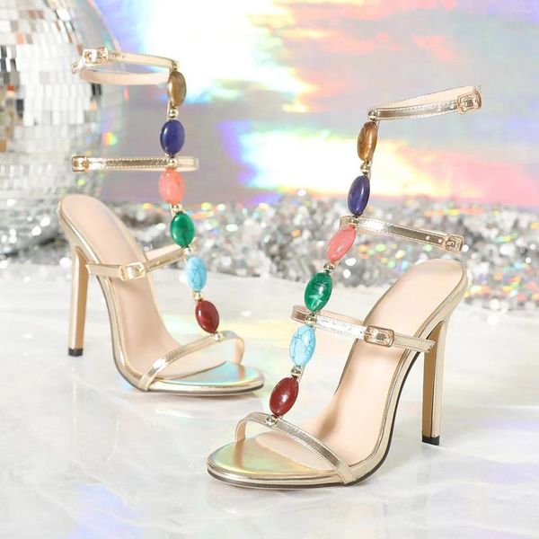 Сандалии богемный стиль модный цвет драгоценные камни дизайнерские ремешки высокие каблуки Gladiator Женщины Лето открытые банкет