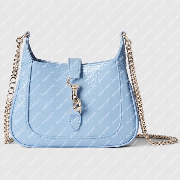 Explosion Heiße Frauenbeutel 782889 Jackie Notte Mini -Tasche Neue Handtasche Himmelblau Patent Leder Summer Spirit Beach Clubs Italienische Küste perfekte Tag Nacht Beschriftung Kette