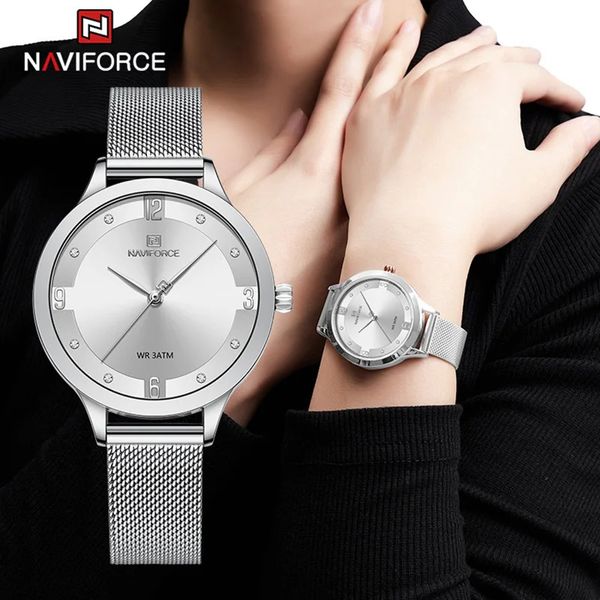 Naviforce Mesh Steel Band Women Women Women Women Youthful Simple Quartz Female Wristwatch 3ATM Bracelets de negócios à prova d'água Montre femme 240409