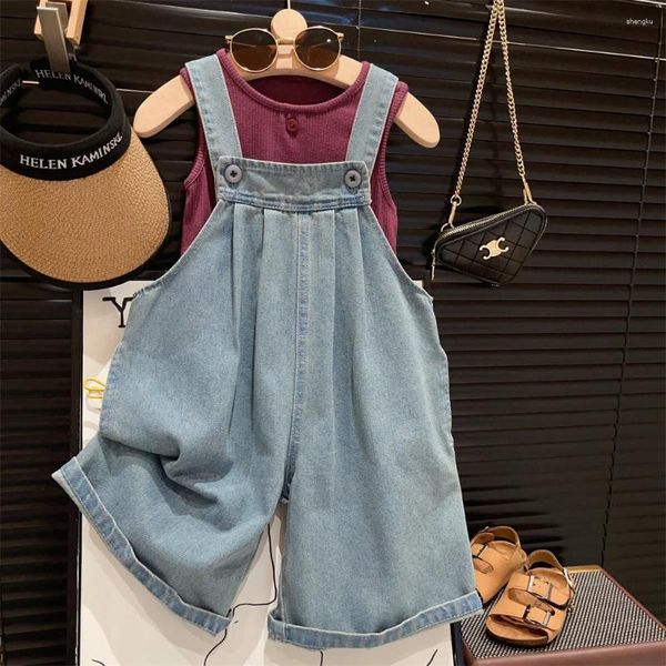 Roupas Conjuntos de roupas Girls 2024 Verão estilo coreano Cor de cor sólida Jeans de duas peças Conjunto de moda casual roupas confortáveis