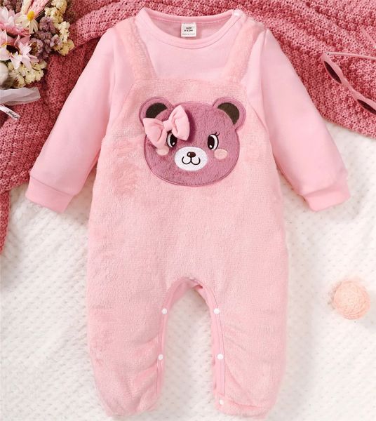 Baby Girl Strampler Herbst Winter täglich Bodysuit Pinkbären Druck Langarm hübsches Jumpsuit Kleidung für Kleinkindmädchen 3-24 Monate 240409