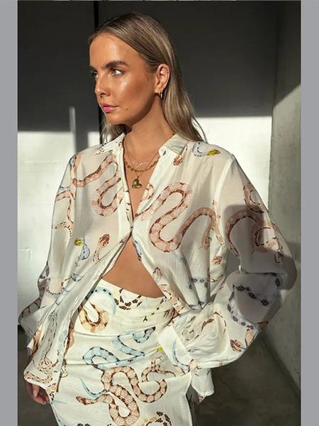 Lose V-Ausschnitt gedruckte obere hoch getailte Halbrock-Sommeranzug für Frauen Casual Long Sleeved Button Up Kragen Damen Röcke Anzüge 240419