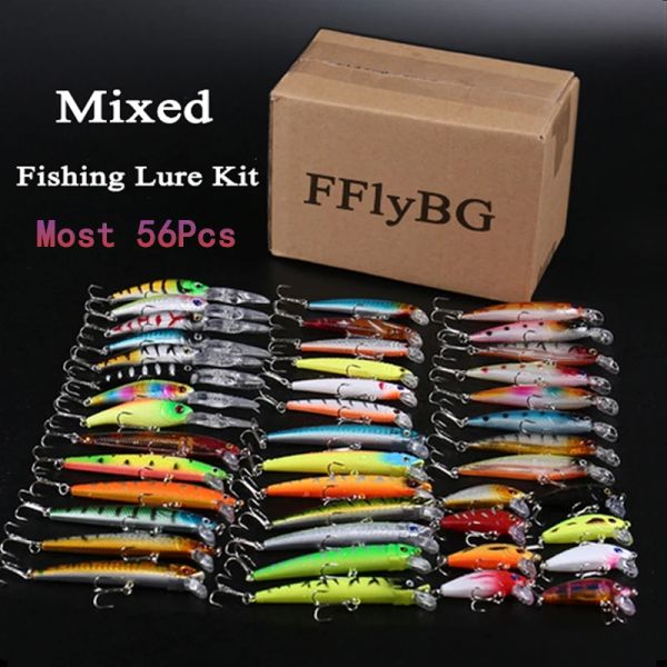 Acessórios 56/43/30/20/10/5pcs Kit de iscas de pesca Kit TABLE MINNOW MINNOW POPPER LATINGS SATINA