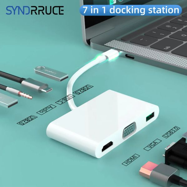 Stationen 7 Ports USB C Hub Typec für MacBook Zubehör Dock Staotion Switch Adapter an HDMI4K VGA 1080p 3,5 mm Aux PD -Ladung USB 3.0