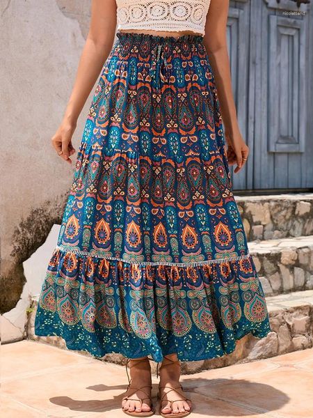 Gonne boho lunghe gonna donne stampato floreale vintage femmina estate casual ad alta vita pieghedie eleganti nazioni vacanze faldas