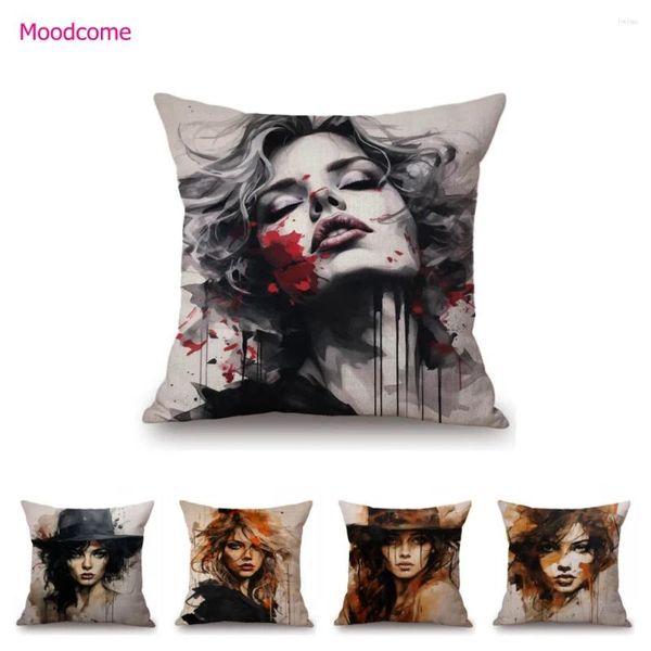 Travesseiro moderno tinta de tinta de tinta pintura de moda girl lady retrato lindo rosto casa decorativa sofá arremesso de capa de capa