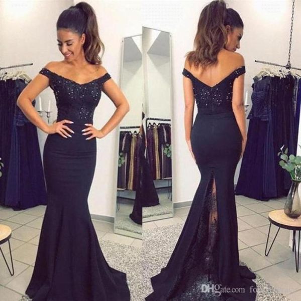 2019 Mermaid Navy Blue Prom Dress Sexy Off the ombro Lace Férias formais vestir o vestido de festa da noite de formatura Made Made Plus S1216362