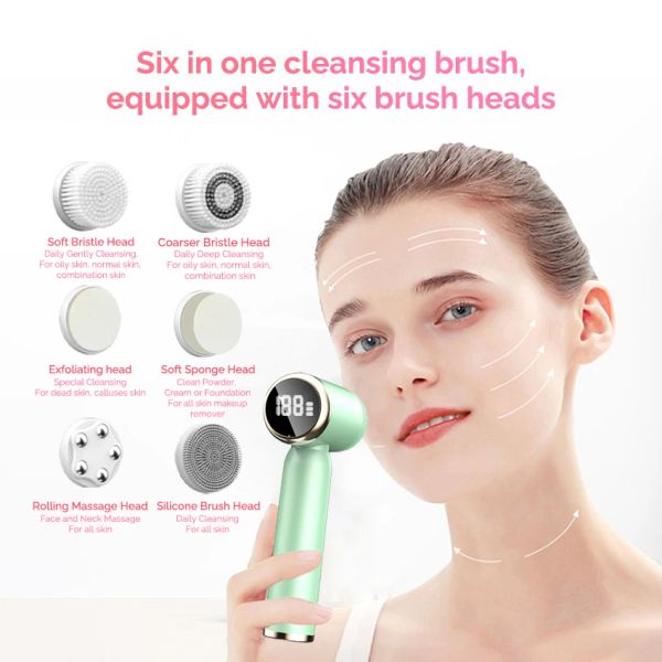 Scrubbers Brush de limpeza facial elétrica IPX6 Imper impermeável com 6 cabeças de substituição Esfoligor de lavador de face Massageador de pele mais limpo
