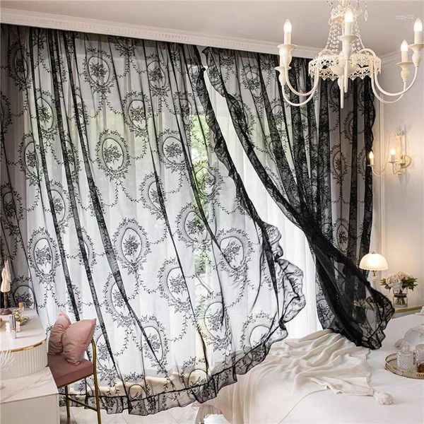 Terretto 1 parto francese romantico francese arruffato tulle nera domestica scavata pannello traslucido trasparente per soggiorno portiera camera da letto