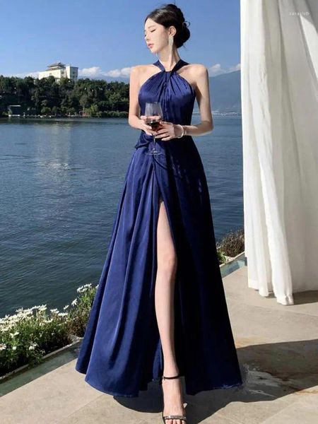 Abiti casual blu Slim Halter Halter High Slip Maxi Dress Woman Elegant Pieghe di compleanno sexy serata Long 2024 Summer Fashion