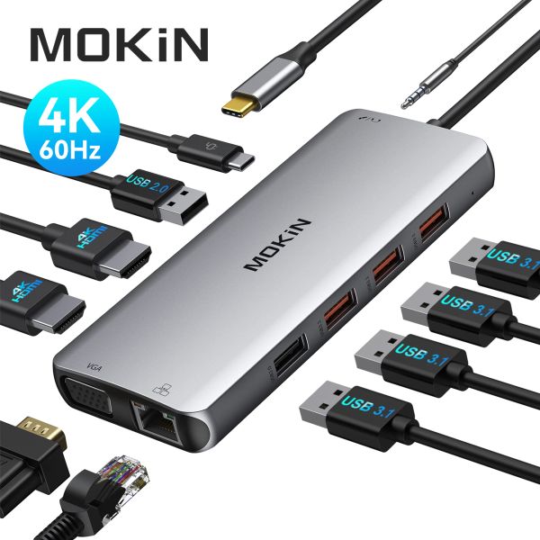 İstasyonlar USB C HUB MacBook Pro 2019/2018/2017 için HDMI Adaptörü, Mokin 9 In 1 dongle USBC'ye HDMI, SD/TF kart okuyucusu ve 2 bağlantı noktası USB 3.0