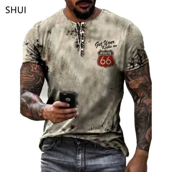 Camisetas masculinas camisetas imprimidas em 3D Us Rota 66 SLUG SLVED TOP SLVED TOP MOTORNEGEM MOTORCIONS STRT T Y240420