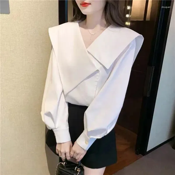 Kadınlar Bloomes Kadınlar Bahar Sonbahar Tarzı Gömlek Ofis Giyim Lady Ol Long Lantren Sleeve Düzensiz Yaka Blusas Üstler Kadın V181