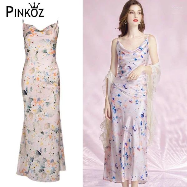 Lässige Kleider pinkoz Frauen Midi Kleider Spaghetti Rieme Pink Blume gedruckt sexy Nacht schleimige Feiertagsstrand Basis Modekleidung