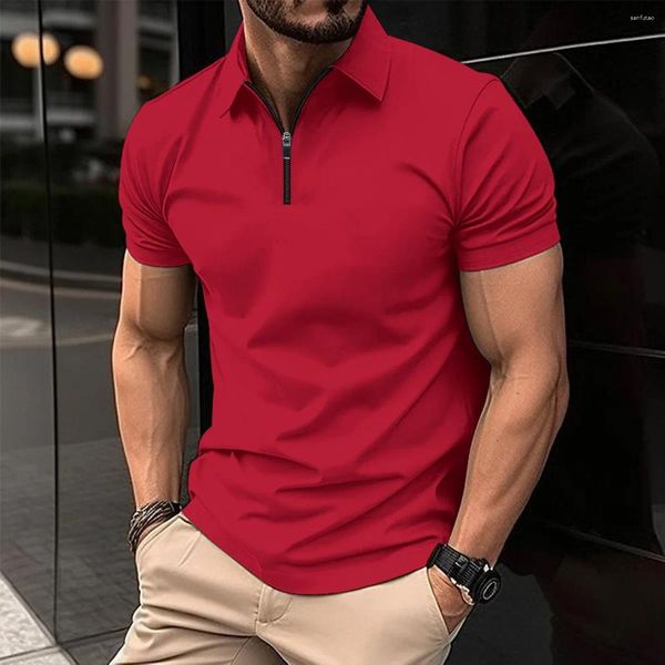 Polos masculinos 2024 de verão Casual Trendência Polo Camisa zíper de cor sólida esportes