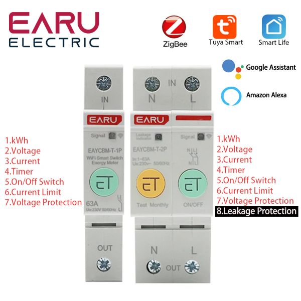 Steuerung 1p 2p Tuya App Zigbee WiFi Smart Energy Power Consumption KWH Meter Circuit Breaker Zeitrelais -Schalter Leckage Spannungsschutz