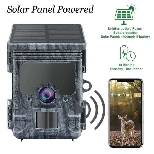 Câmera de trilha de vida selvagem ao ar livre de câmeras App 4K 30MP WiFi Painel solar Visão noturna Powened Ip66 Câmera de caça IP66