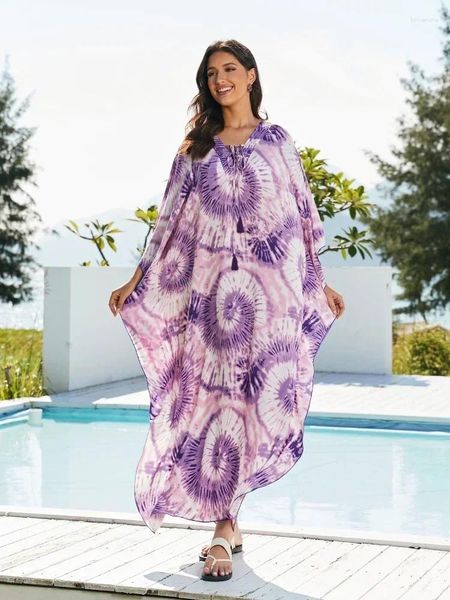 Lässige Kleider 2024 Sumer Purple Boho gedruckt V-Ausschnitt Quaste Tassel Draw String Kaftan Entspannte Robe Moo Kleid Beachwear Haus Q1604