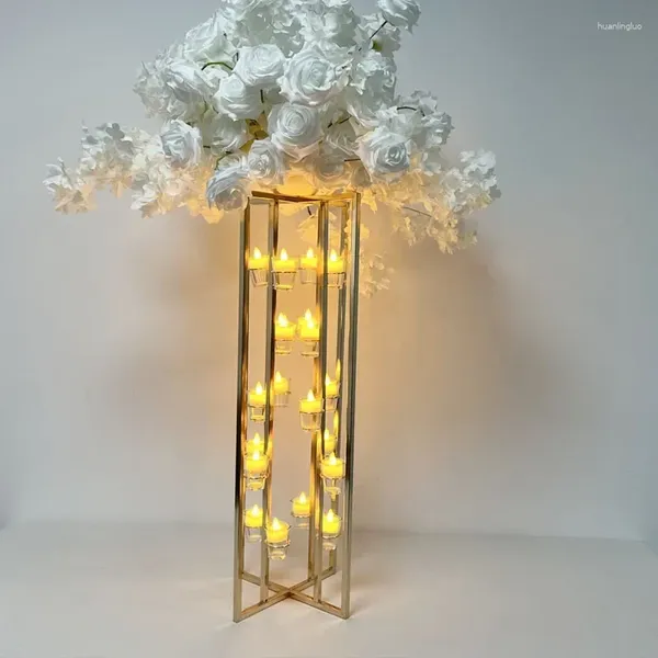 Decorazione per feste 5 set Tavoli da compleanno di matrimonio Metal Flower Plinth Plinth Porta a candela Candelabrati con tazza di vetro