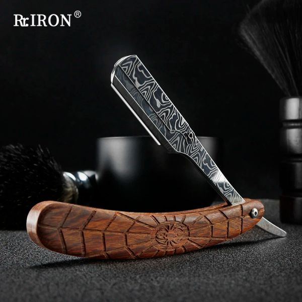 Blades Riron Damasco Pattern Acciaio inossidabile Vendi pieghevole Razor con impugnatura in legno Cara rasatura da barbiere Strumenti da barbiere