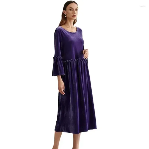 Vestidos casuais Mulheres Flue Sleeve O-Gobes Vestido de Autumn Dobra uma linha A Velvet Fashion Fashion Club Long vestidos roxo