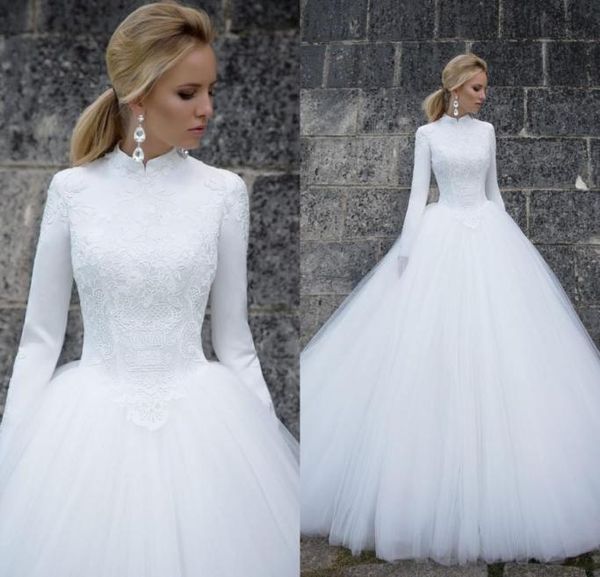 Abiti da sposa musulmani a maniche lunghe 2019 Eleganti maniche lunghe con maniche lunghe in pizzo abiti da ballo in tulle in tulle abiti da sposa WED2912192