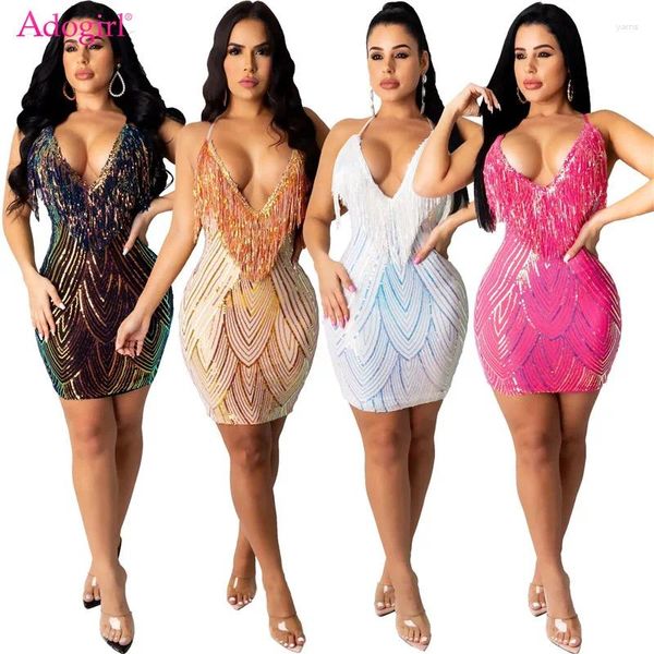 Sıradan Elbiseler Adogirl Kadın Sequins Pubsel Bodycon Elbise Seksi Derin V Boyun Spagetti Kayışları Kılıf Mini Gece Kulübü Partisi Noel