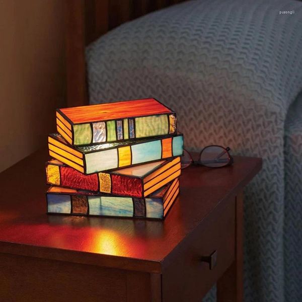 Lampade da tavolo Libri impilati lampada decorazione per la casa in vetro Libro di lettura vintage macchiata per la luce domestica resistente