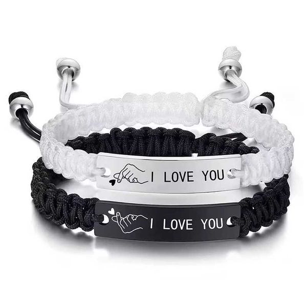 Corrente 2 PCs Eu te amo dedo Coração de aço inoxidável Casal Bracelet preto Bracelets de tecido branco para amantes Valentine Gifts Y240420