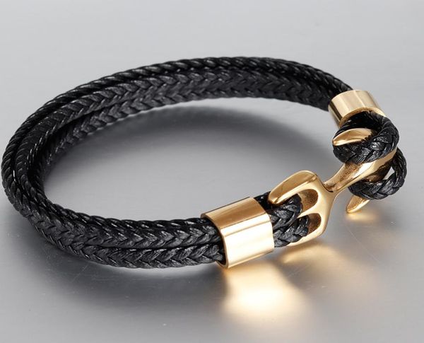 Man Bracelets de aço de titânio âncora dourada com chicote de cheiro de cheiro de chapéu de chapéu de bracelete moderna Pulsera Chain Chain Presente de cadeia de corda