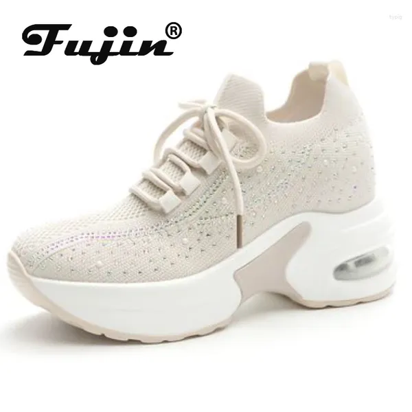 Sapatos casuais Fujin 7cm Mesh de ar de tecido esticado de malha feminina Summer Sumkers Sneakers Fashion vulcanize Bling respirável