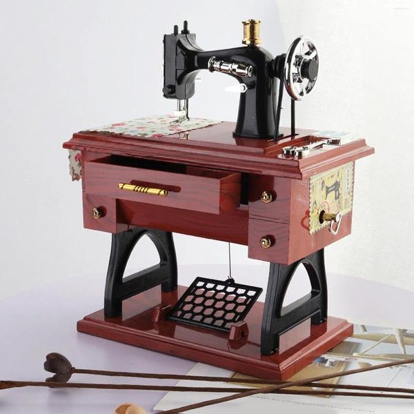 Estatuetas decorativas Caixa de máquinas de costura Caixa de música vintage Musical Toy Mechanical Up for Gift Year Home