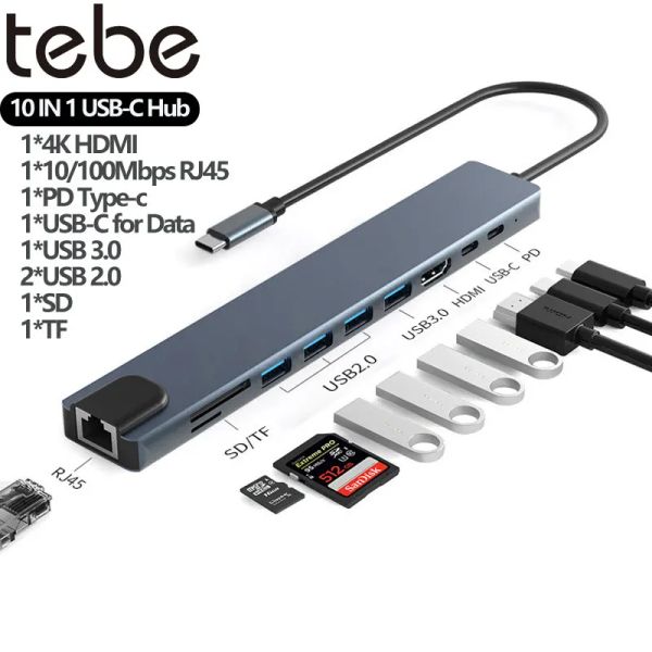 Hubs Tebe 10 in 1 USBC 3.0 Hub Typec a 4K HDMIADAPTER RJ45 Ethernet SD/TF PD Caricatore veloce Multi 3.0 Stazione per PC per PC