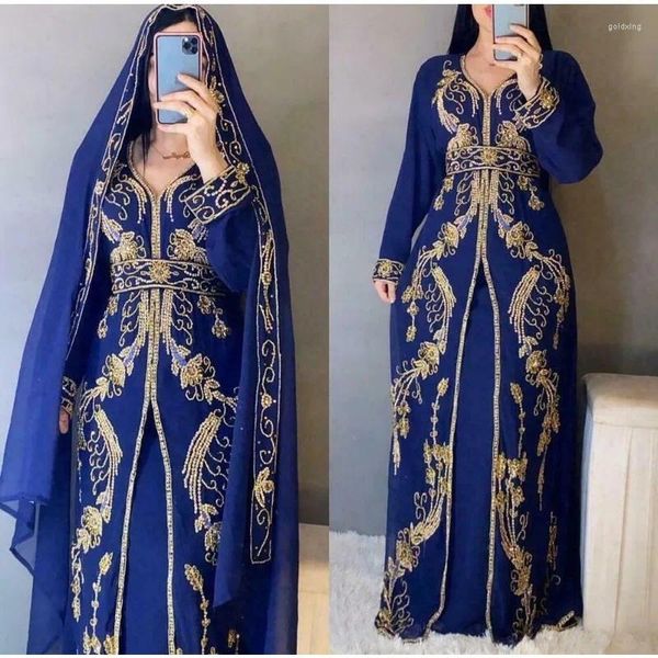 Этническая одежда темно -синее африканское платье Fancy Abaya Dubai Женская марокканская модная тенденция рубашки с бисером