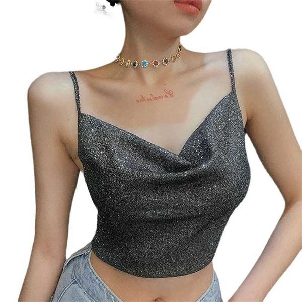 Женские танки Camis Xingqing Shiny Crop Tops для женщин Summer Glitter Low Cut V Seck Spaghetti Strap Slveless Tank