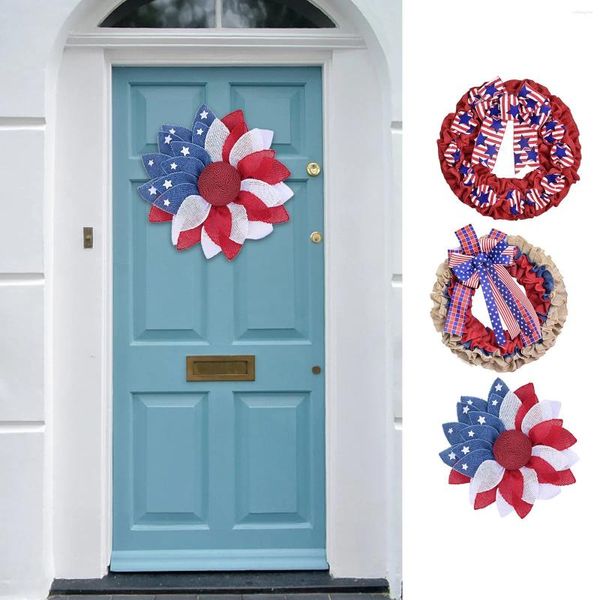 Flores decorativas Cacto seco American Flag Wreath Wreath Independence Day Decoration Greats colocados em frente à festa da porta