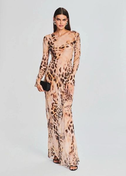 Abiti casual Donne Donne Halo Dye Leopard Stampato Stampato UP VESCOSE SENZA VISTO MAXI LUNGO