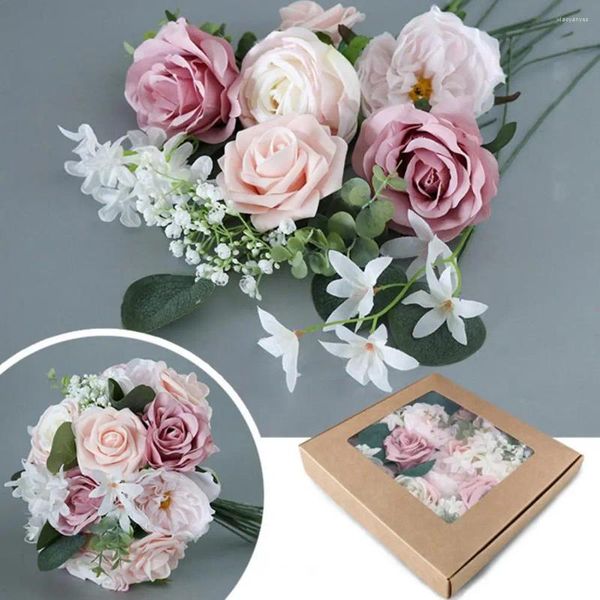 Flores decorativas Caixa artificial de trabalho fino realista de seda Bouquets de casamento de seda decoração de casa de longa duração