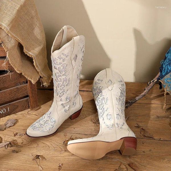 Stiefel Ippeum weiße Cowgirl Knie hohe klobige Fersenschuhe Strass Hochzeit Botas Femininas Cowboy Cowboy für Frauen