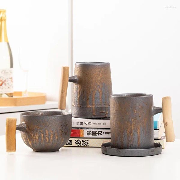 Canecas 600 ml japonês de caneca de caneca de café de cerâmica japonesa Cerveja de leite com leite de madeira com alça de água Drina de escritório em casa