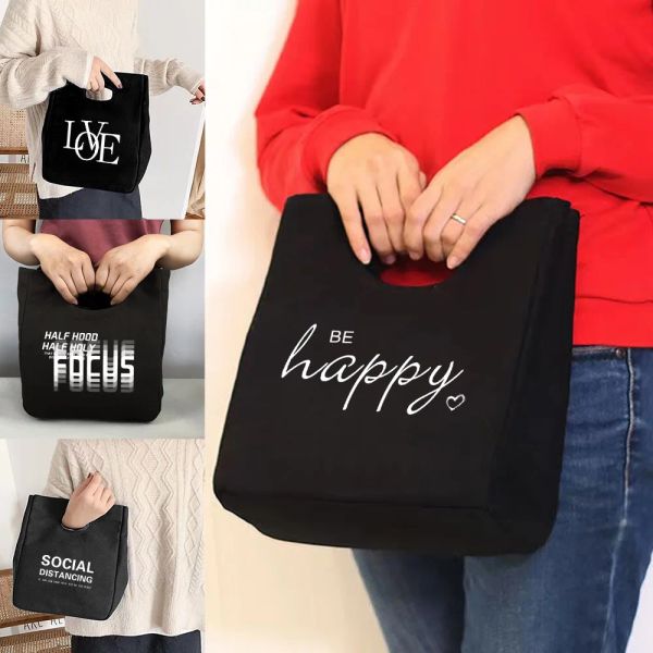 Bolsas infantis escolaram uma almoço térmica feminino Tote Canvas Organizador Texto Impressão Eco piquenique dobrável alimentos Sacos de armazenamento isolados