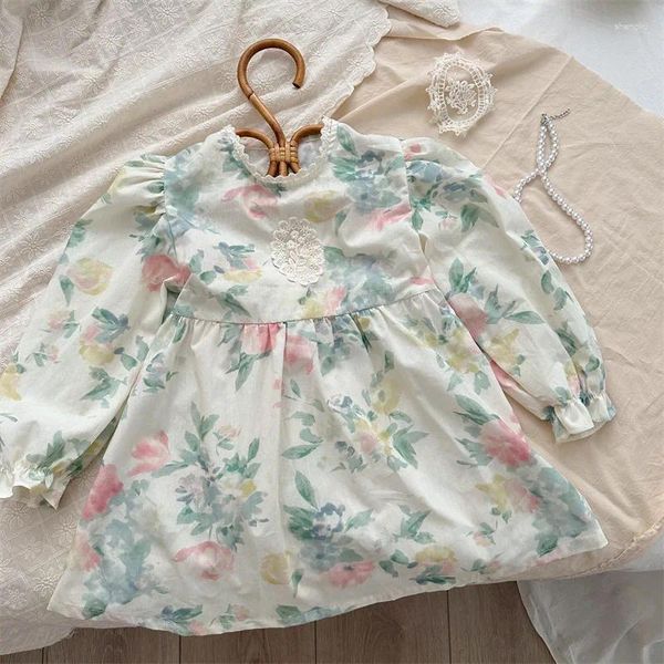 Vestidos de menina 2024 Meninas elegantes vestido floral de manga cheia algodão outono moda roupas infantil roupas para crianças 1-7 anos