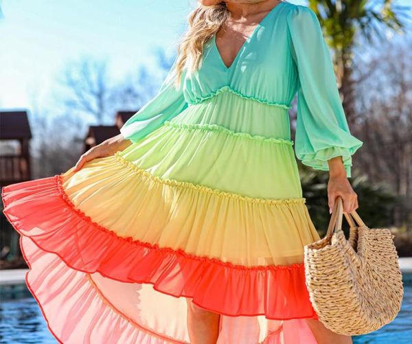 Lässige Kleider Langarmed Kleid Frauen Vneck Regenbogenfarbe Schwanz Wagging Strand 2021 Spring Fashion Verbandhülle unregelmäßig 6530480