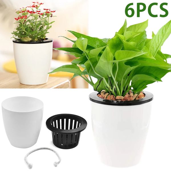 6 Packhydroponic Blumentopf Plastik Selbstbewässerung Pflanzer Blumenpot Büro Gartenpflanzen Korb Kinderzimmertöpfe Hausdekoration 240415