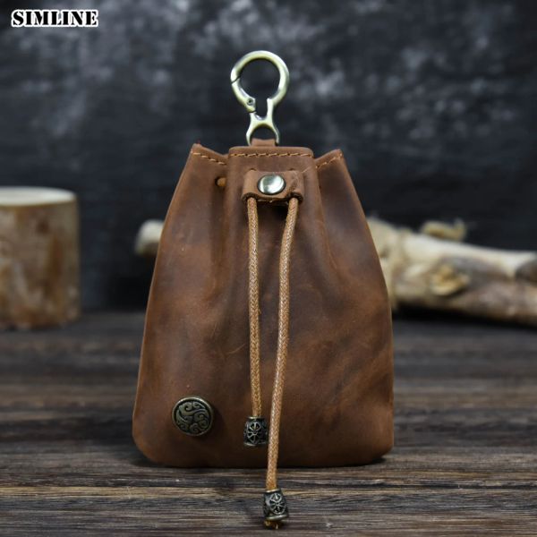 Bolsa de couro genuíno de couro para homens machos machos vintage originais Chegamento de caules pequenas bolsas de luto de cordão