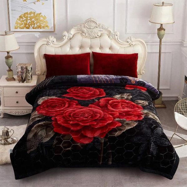 Одеяла тяжелые флисовые одеяла короля размера 2 слоя 10 фунтов плюшевой кровать Sliky Soft Ab Printed (красный черный цветочный король (85 
