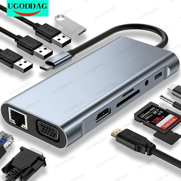 Hubs 11 em 1 Adaptador USB C DONGLE 4K HDMicompatible VGA Tipo C PD USB3.0 RJ45 Ethernet SD/TF CARDE LEITOR DE CARTO DE 3,5MM AUX