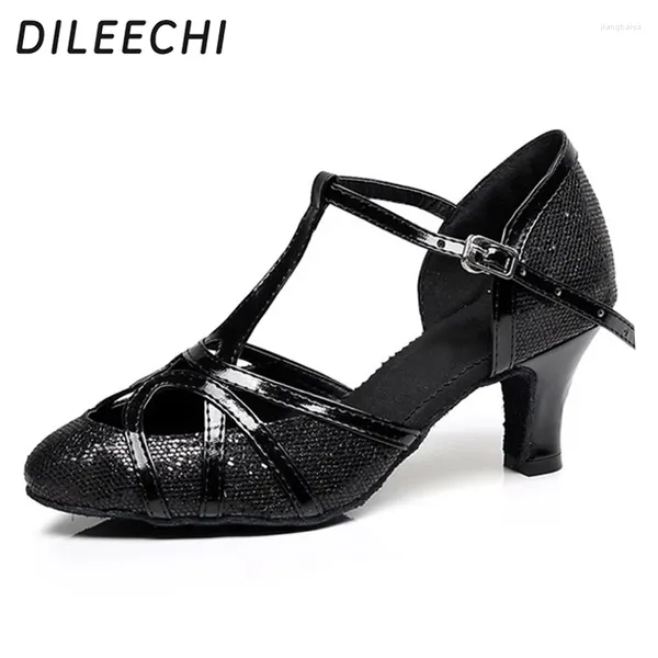 Sapatos de dança Dileechi preto lantejous inverno e outono latim/baile moderno dança de salão macia sola quadrada