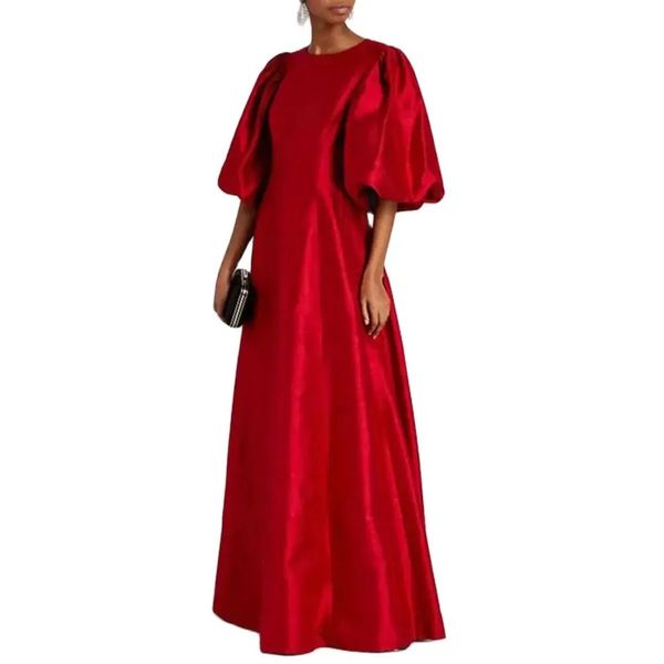 Vestidos de noite de tafetá vermelho longo com mangas com o Oriente Médio A-line Greats Pleats Flool Comngth Back Robe De Soiree para Mulheres